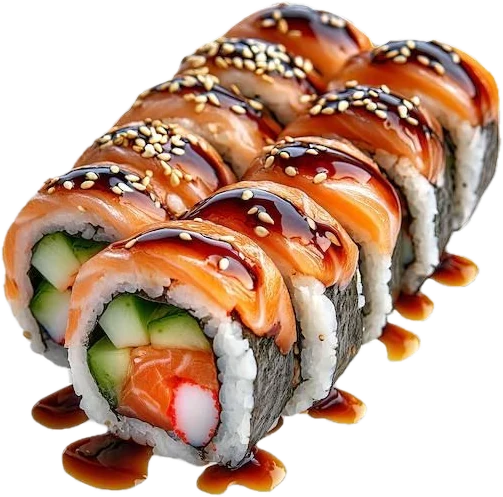 Uramaki con salmone sopra e salsa teriyaki