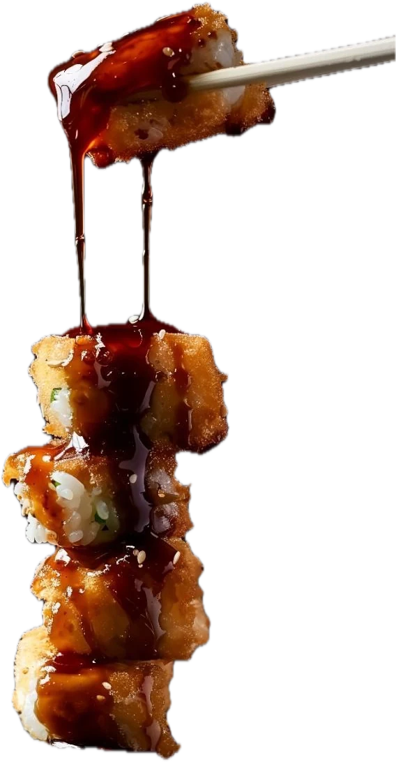 Uramaki fritto con salsa agrodolce che cola