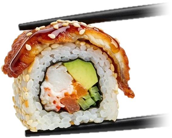 Tempura unagi roll tenuto tra le bacchette
